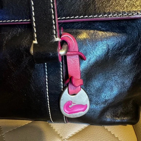 Black Leather Dooney and Bourke Women's Bag with bright pink Heart Accents - Picture 3 of 10